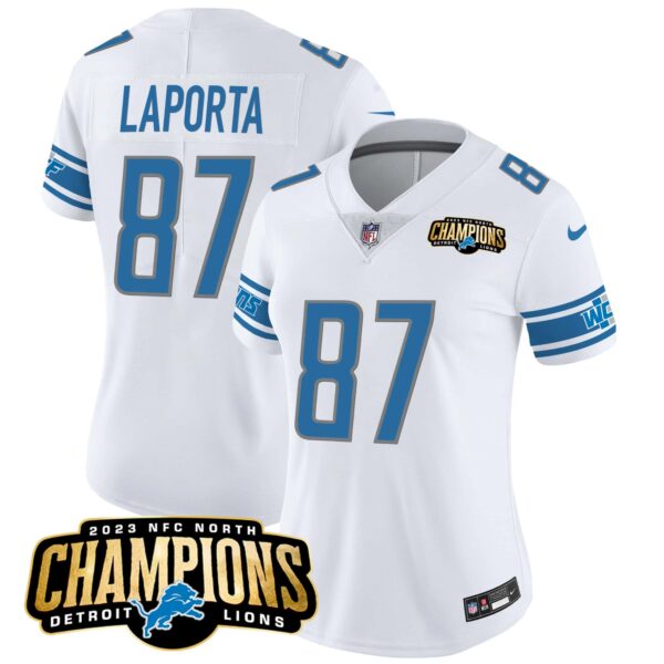 Women’s Detroit Lions 2023 NFC North Champions Patch Vapor Jersey – All Stitched – White – Sam Laporta