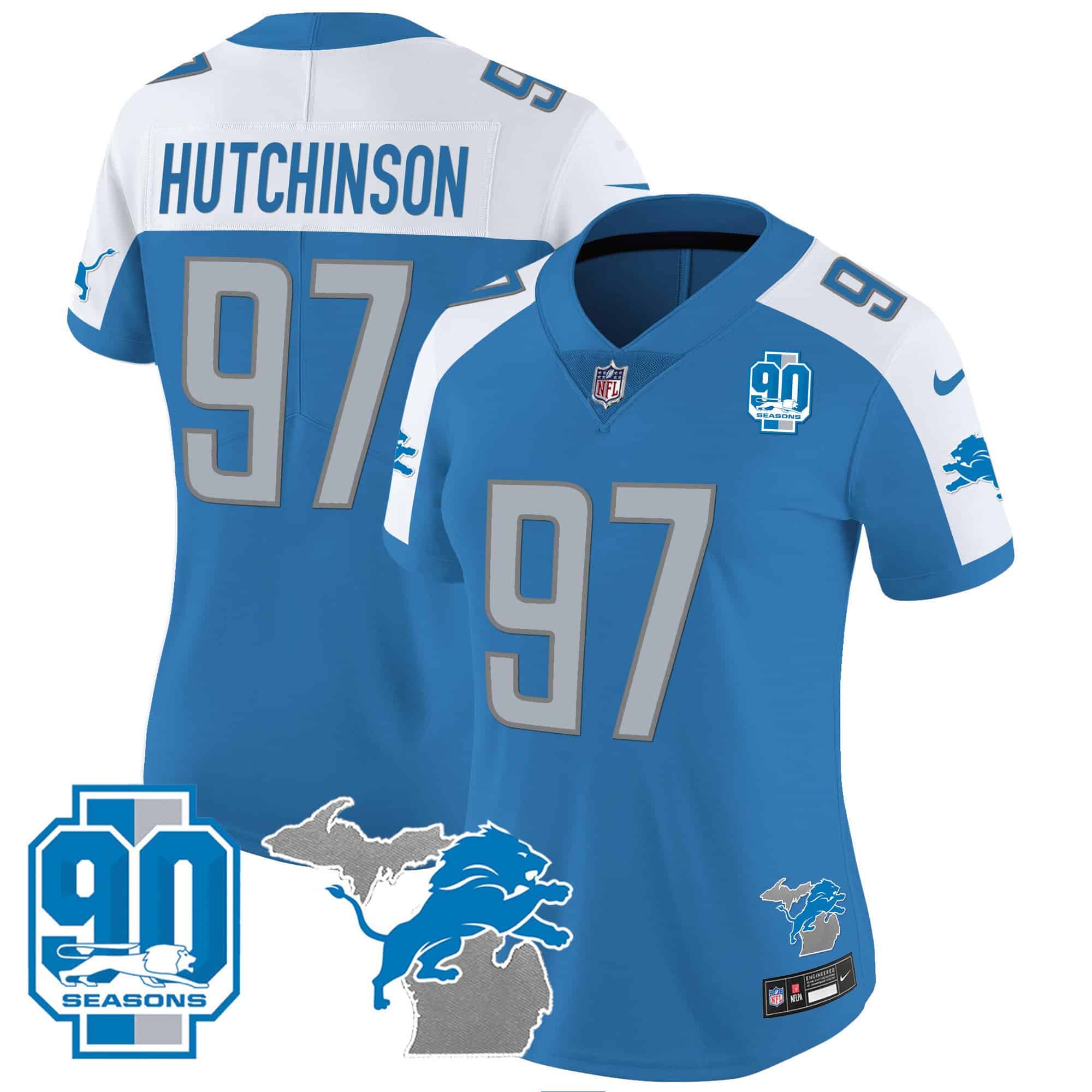 Women’s Detroit Lions 90th Year & Michigan Patch Vapor Jersey – All Stitched – Blue Alternate – Hutchinson