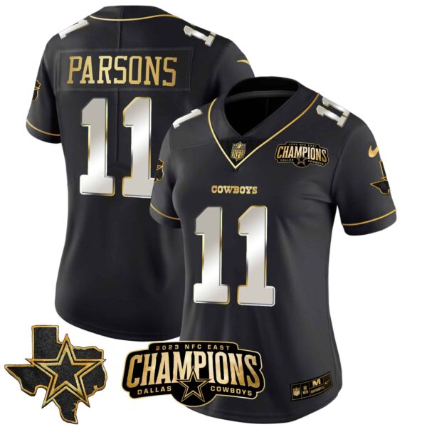 Women’s Cowboys 2023 NFC East Champions Patch Gold Vapor Jersey – All Stitched – Black Limited – Micah Parsons