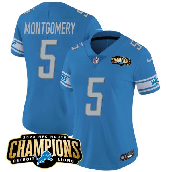 Women’s Detroit Lions 2023 NFC North Champions Patch Vapor Jersey – All Stitched – Blue – David Montgomery