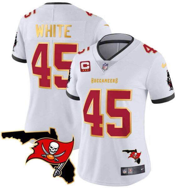 Women’s Buccaneers Florida Patch Gold Trim Vapor Jersey – All Stitched – White – Devin White