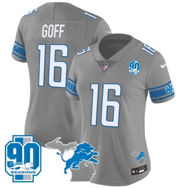 Women’s Detroit Lions 90th Year & Michigan Patch Vapor Jersey – All Stitched – Gray – Jared Goff