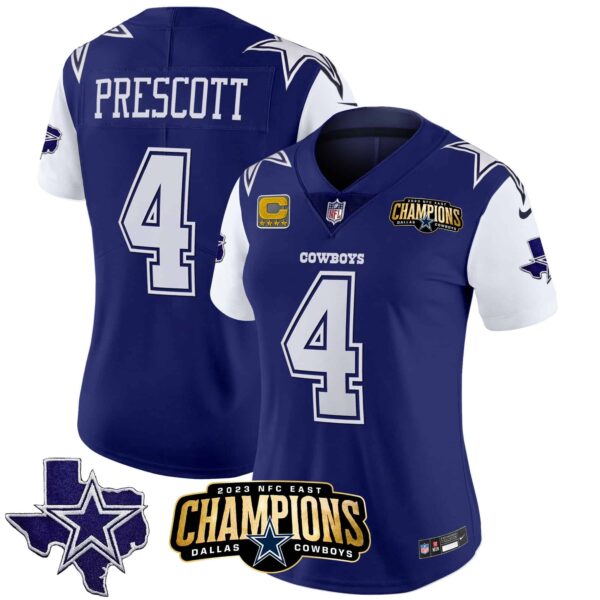 Women’s Cowboys 2023 NFC East Champions Patch Vapor Jersey – All Stitched – Royal – Dak Prescott