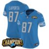 Women’s Detroit Lions 2023 NFC North Champions Patch Vapor Jersey – All Stitched – Blue – Sam Laporta