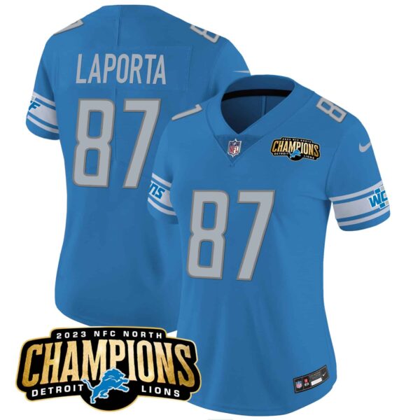 Women’s Detroit Lions 2023 NFC North Champions Patch Vapor Jersey – All Stitched – Blue – Sam Laporta