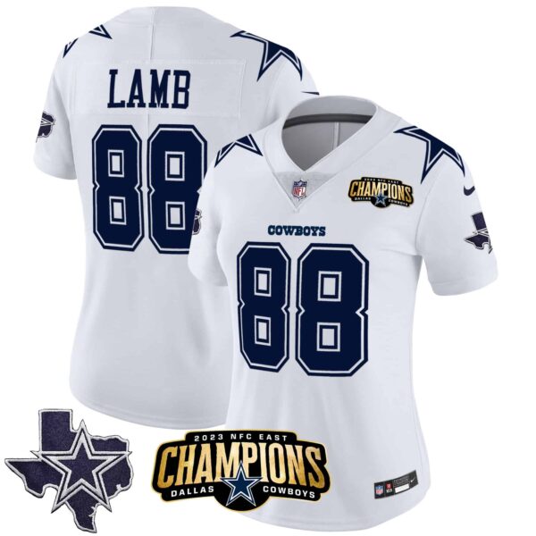 Women’s Cowboys 2023 NFC East Champions Patch Vapor Jersey – All Stitched – White – CeeDee Lamb