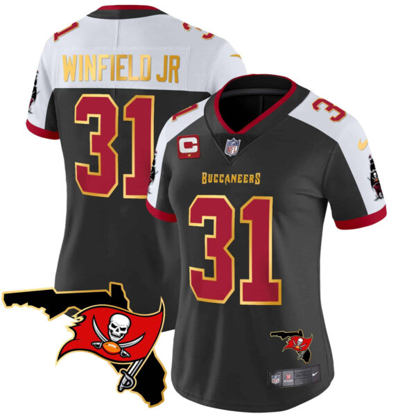Women’s Buccaneers Florida Patch Gold Trim Vapor Jersey – All Stitched – Black Alternate – Antoine Winfield Jr