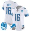 Women’s Detroit Lions 90th Year & Michigan Patch Vapor Jersey – All Stitched – White – Jared Goff