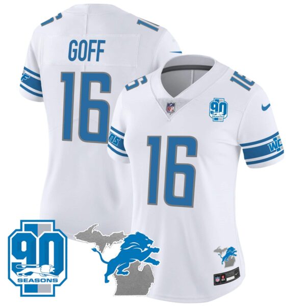 Women’s Detroit Lions 90th Year & Michigan Patch Vapor Jersey – All Stitched – White – Jared Goff