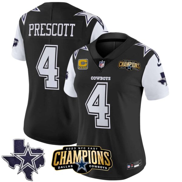 Women’s Cowboys 2023 NFC East Champions Patch Vapor Jersey – All Stitched – Black – Dak Prescott