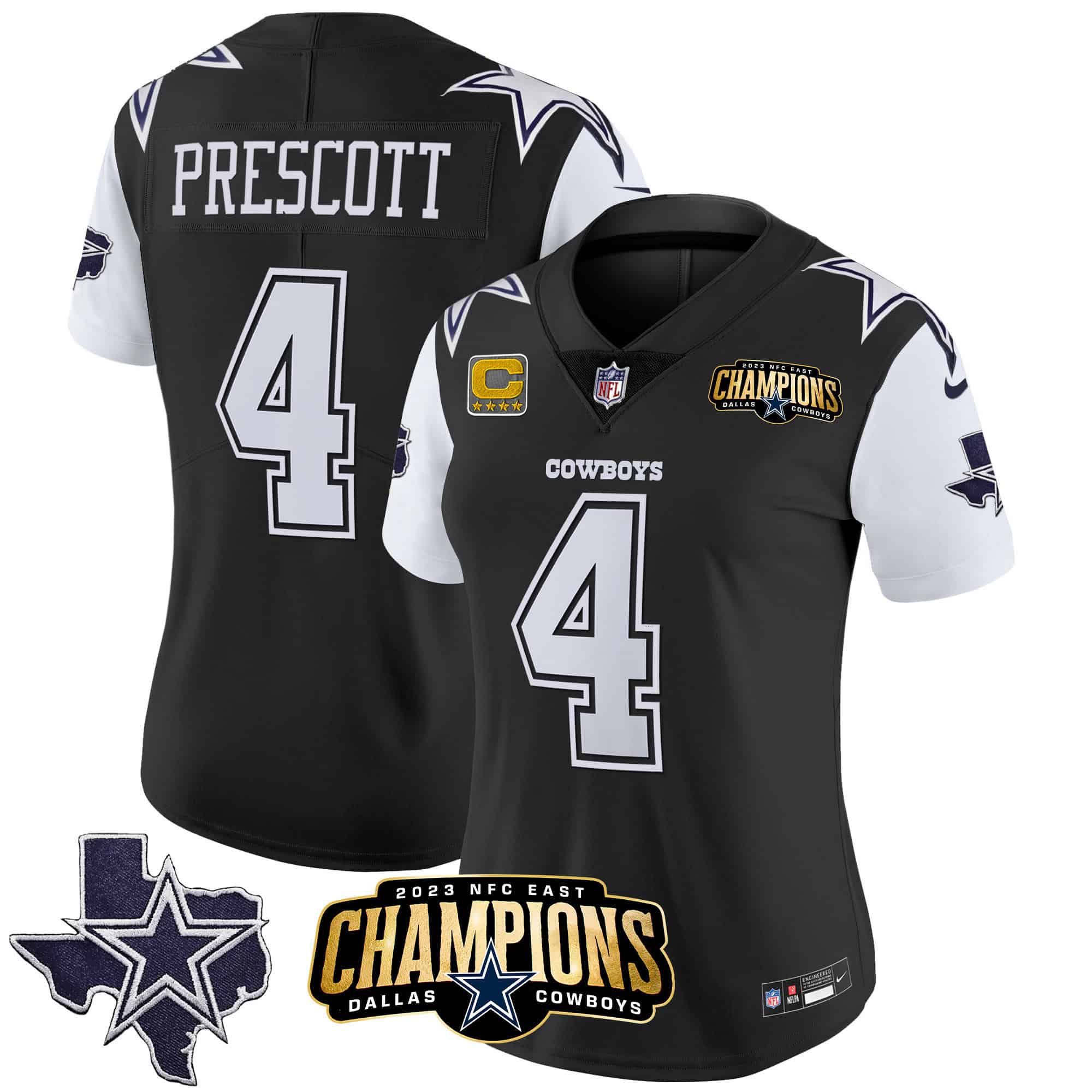 Women’s Cowboys 2023 NFC East Champions Patch Vapor Jersey – All Stitched – Black – Dak Prescott