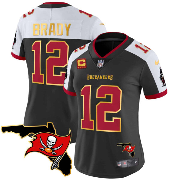 Women’s Buccaneers Florida Patch Gold Trim Vapor Jersey – All Stitched – Black Alternate – Tom Brady