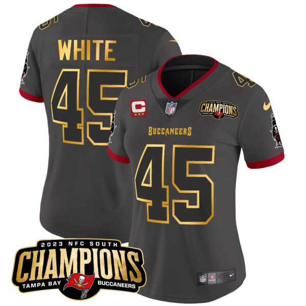 Women’s Buccaneers 2023 NFC South Champions Patch Gold Trim Vapor Jersey – All Stitched – Pewter – Devin White