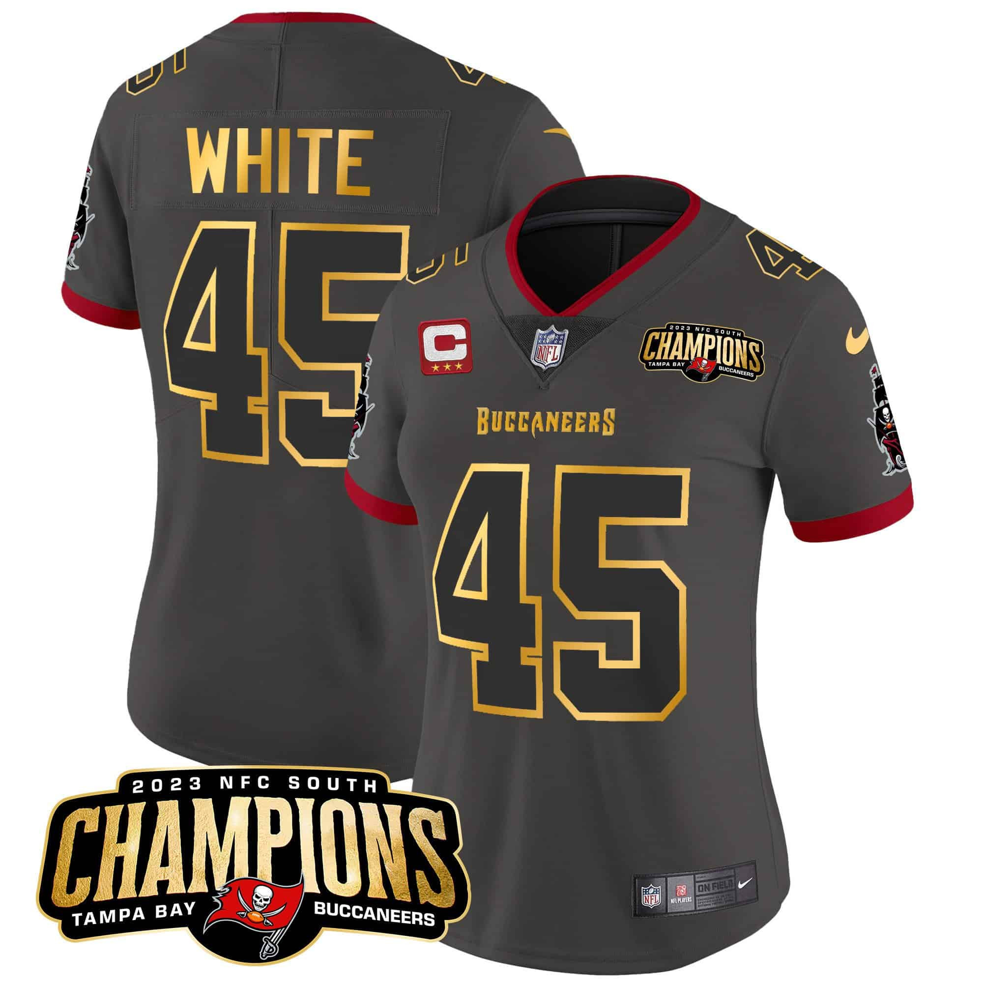 Women’s Buccaneers 2023 NFC South Champions Patch Gold Trim Vapor Jersey – All Stitched – Pewter – Devin White