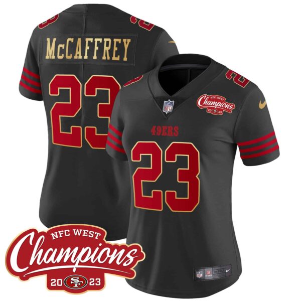 Women’s 49ers NFC West Champions Gold Trim Vapor Jersey – All Stitched – Black – Christian McCaffrey