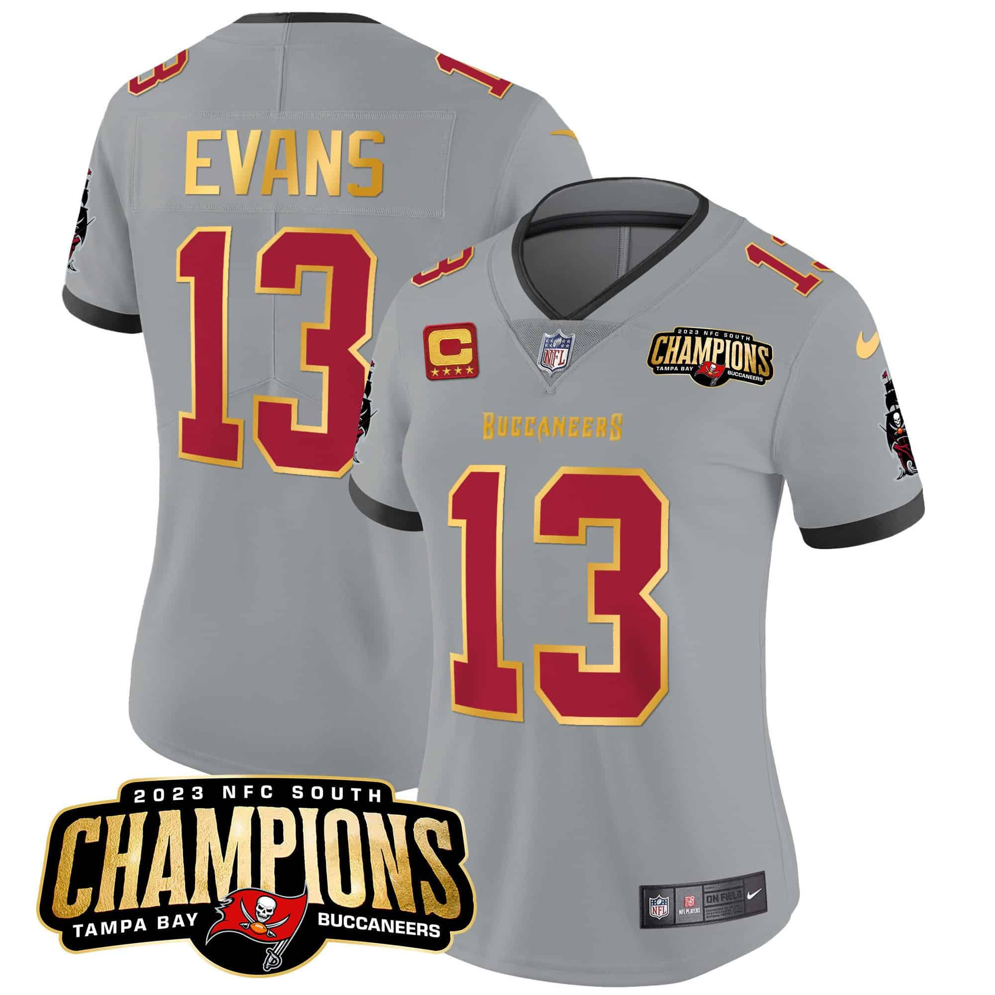 Women’s Buccaneers 2023 NFC South Champions Patch Gold Trim Vapor Jersey – All Stitched – Gray – Mike Evans