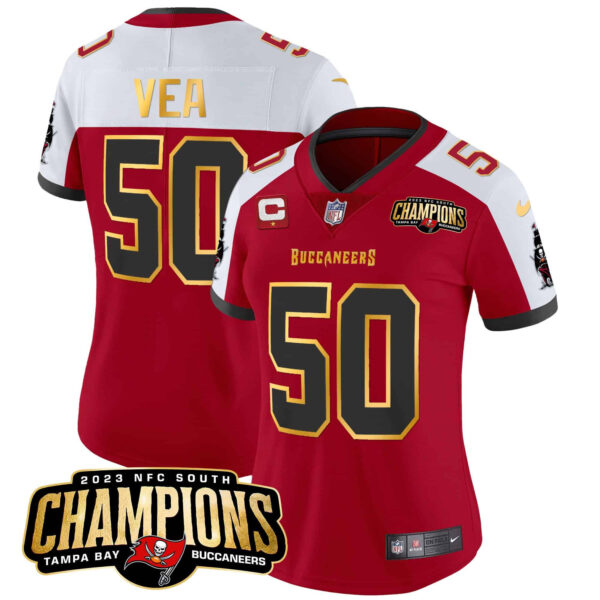 Women’s Buccaneers 2023 NFC South Champions Patch Gold Trim Vapor Jersey – All Stitched – Red Alternate – Vita Vea