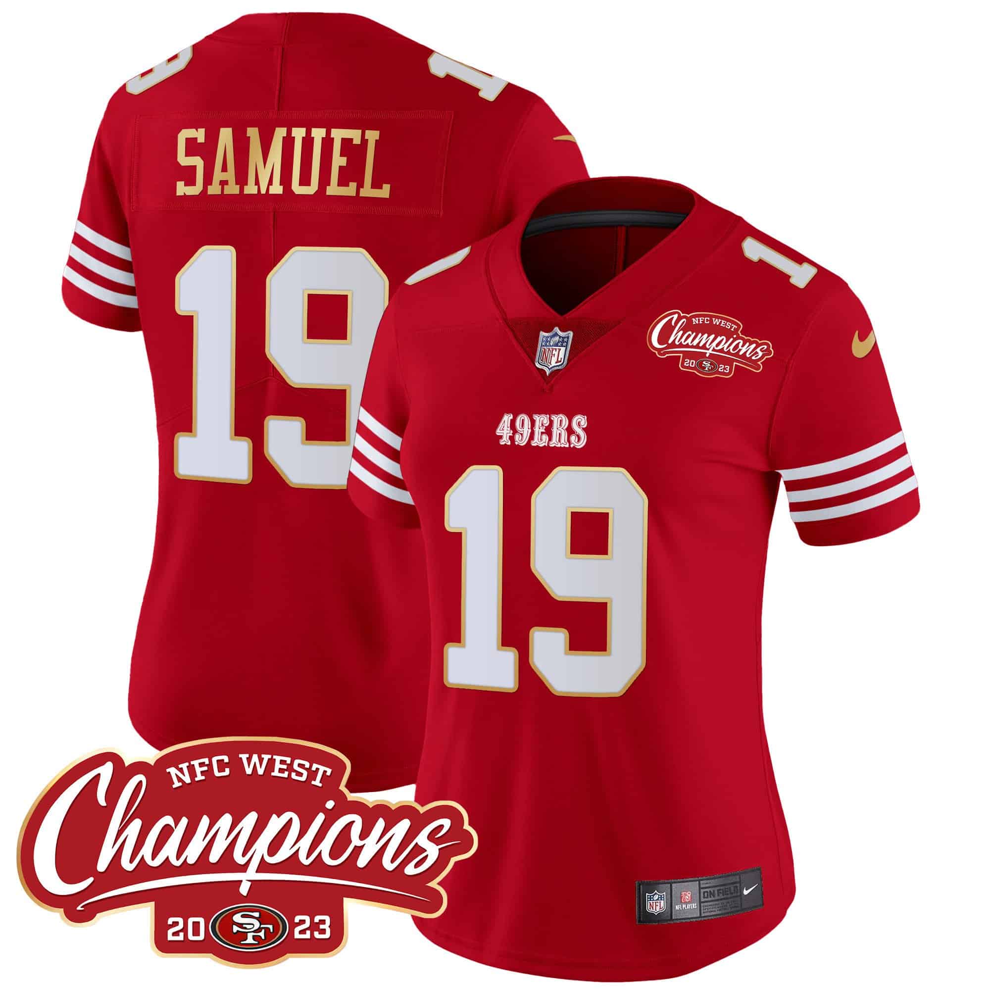 Women’s 49ers NFC West Champions Gold Trim Vapor Jersey – All Stitched – Red – Deebo Samuel