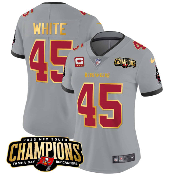Women’s Buccaneers 2023 NFC South Champions Patch Gold Trim Vapor Jersey – All Stitched – Gray – Devin White