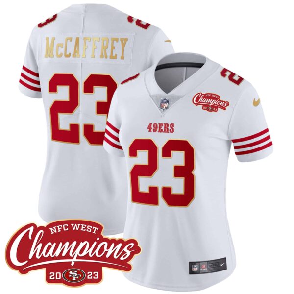 Women’s 49ers NFC West Champions Gold Trim Vapor Jersey – All Stitched – White – Christian McCaffrey