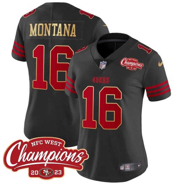 Women’s 49ers NFC West Champions Gold Trim Vapor Jersey – All Stitched – Black – Joe Montana