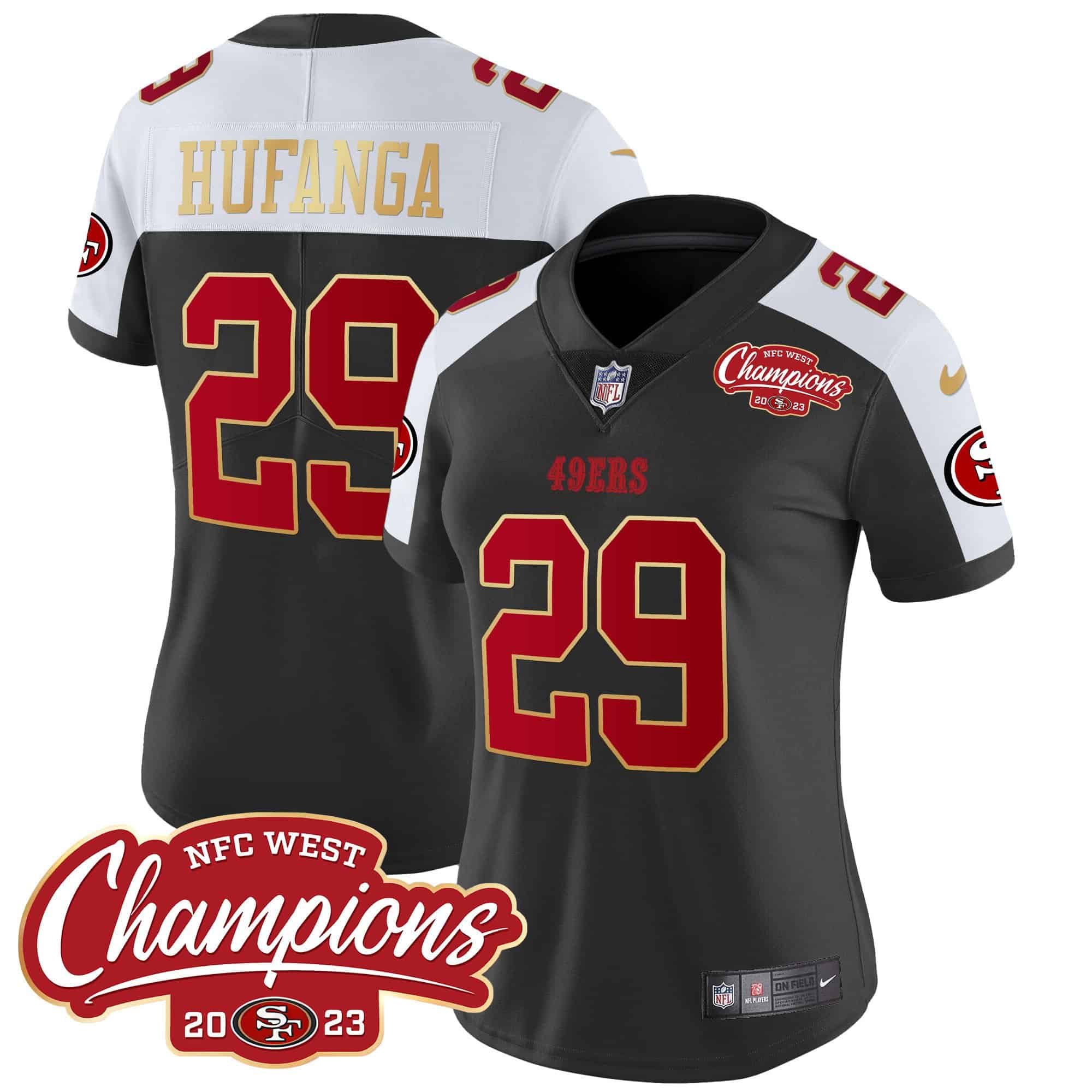 Women’s 49ers NFC West Champions Gold Trim Vapor Jersey – All Stitched – Black Alternate – Talanoa Hufanga