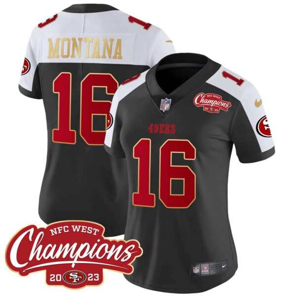 Women’s 49ers NFC West Champions Gold Trim Vapor Jersey – All Stitched – Black Alternate – Joe Montana