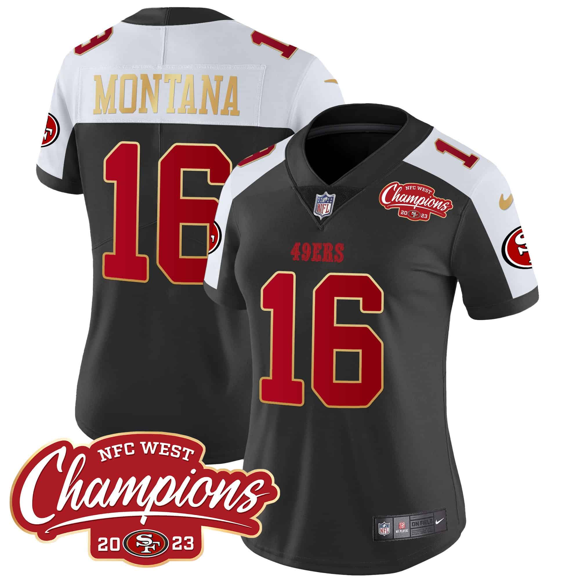 Women’s 49ers NFC West Champions Gold Trim Vapor Jersey – All Stitched – Black Alternate – Joe Montana