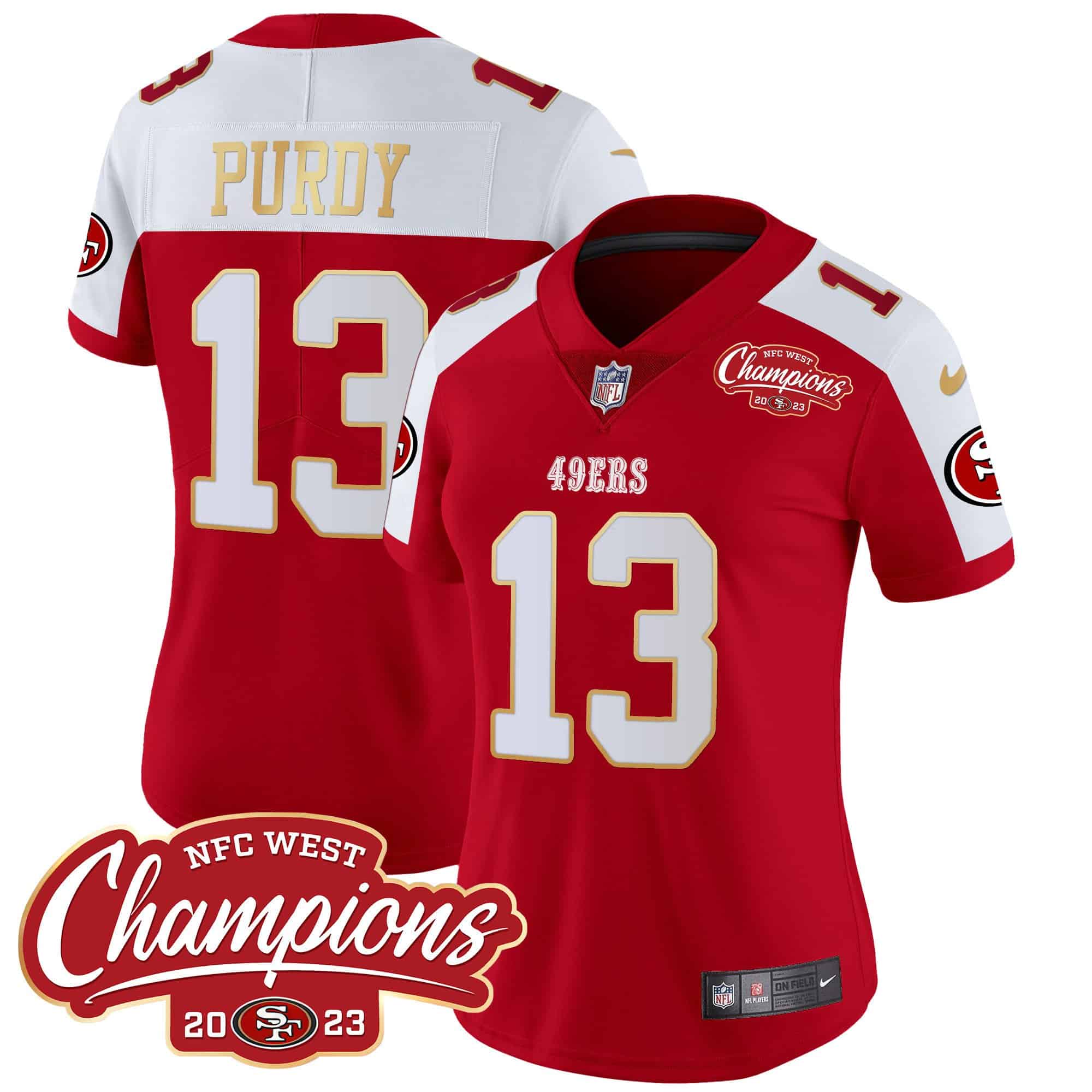 Women’s 49ers NFC West Champions Gold Trim Vapor Jersey – All Stitched – Alternate – Brock Purdy