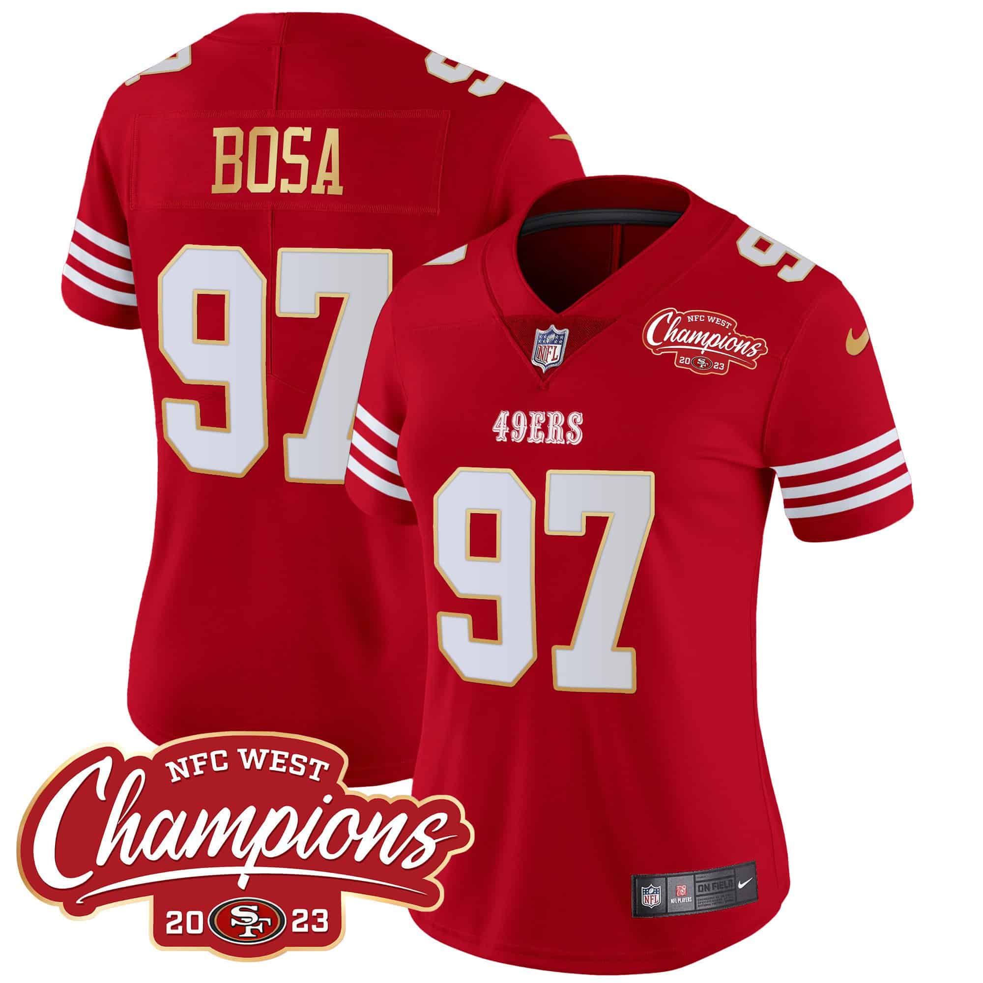 Women’s 49ers NFC West Champions Gold Trim Vapor Jersey – All Stitched – Red – Nick Bosa