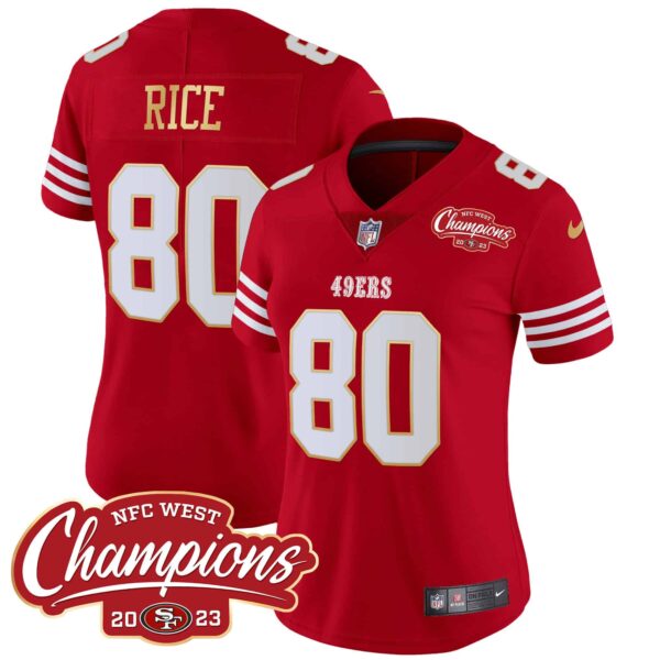 Women’s 49ers NFC West Champions Gold Trim Vapor Jersey – All Stitched – Red – Jerry Rice