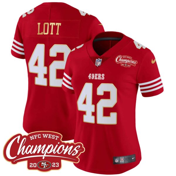Women’s 49ers NFC West Champions Gold Trim Vapor Jersey – All Stitched – Red – Ronnie Lott