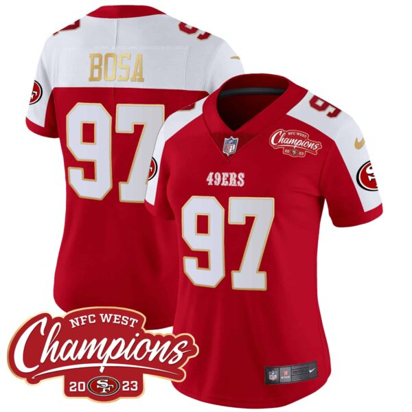 Women’s 49ers NFC West Champions Gold Trim Vapor Jersey – All Stitched – Alternate – Nick Bosa