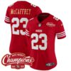 Women’s 49ers NFC West Champions Gold Trim Vapor Jersey – All Stitched – Red – Christian McCaffrey