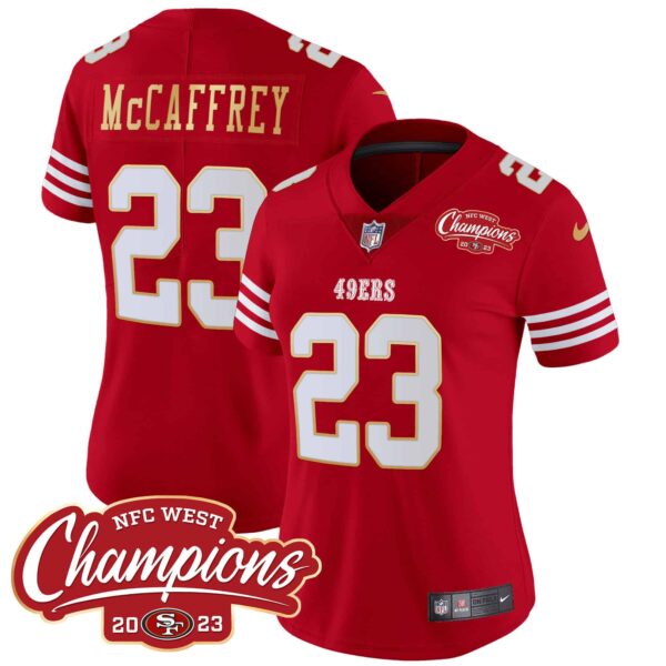 Women’s 49ers NFC West Champions Gold Trim Vapor Jersey – All Stitched – Red – Christian McCaffrey