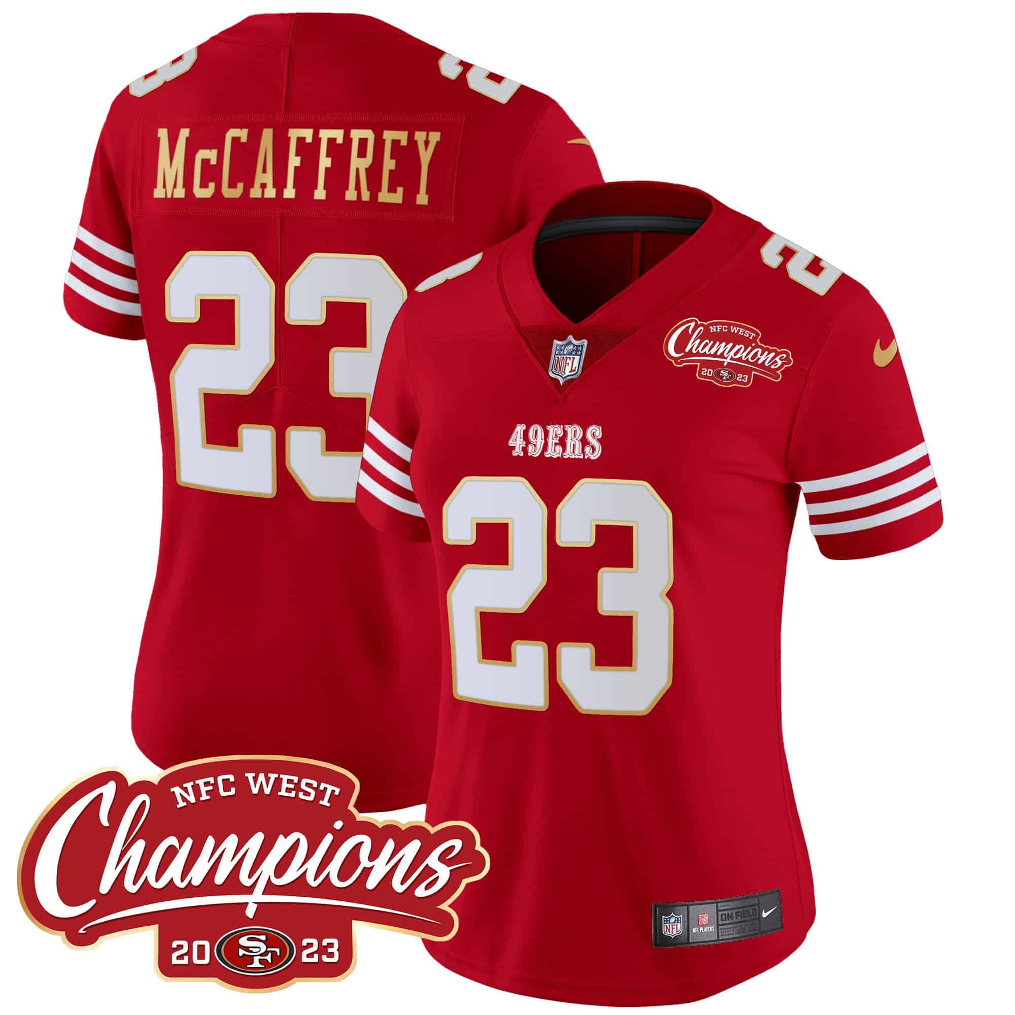 Women’s 49ers NFC West Champions Gold Trim Vapor Jersey – All Stitched – Red – Christian McCaffrey