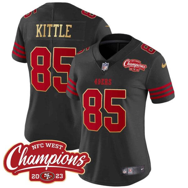 Women’s 49ers NFC West Champions Gold Trim Vapor Jersey – All Stitched – Black – George Kittle