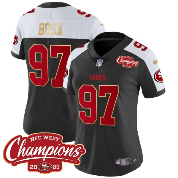 Women’s 49ers NFC West Champions Gold Trim Vapor Jersey – All Stitched – Black Alternate – Nick Bosa