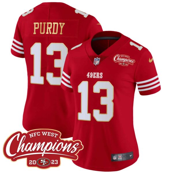 Women’s 49ers NFC West Champions Gold Trim Vapor Jersey – All Stitched – Red – Brock Purdy