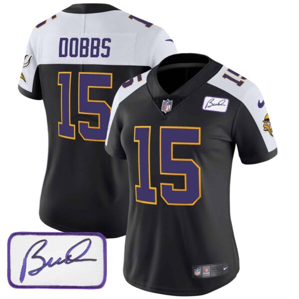 Women’s Vikings Bud Grant Patch Classic Limited Jersey V3 – All Stitched – Black Alternate – Joshua Dobbs