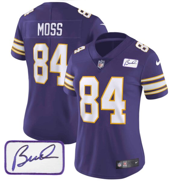 Women’s Vikings Bud Grant Patch Classic Limited Jersey – All Stitched – Purple – Randy Moss