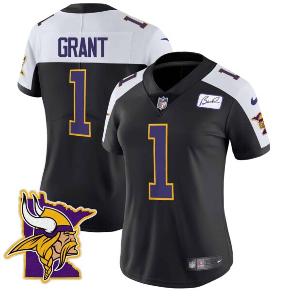 Women’s Vikings Bud Grant Patch Classic Limited Jersey V5 – All Stitched – Black Alternate – Bud Grant