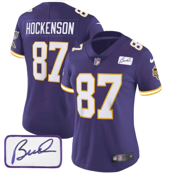 Women’s Vikings Bud Grant Patch Classic Limited Jersey V3 – All Stitched – Purple – T.J. Hockenson