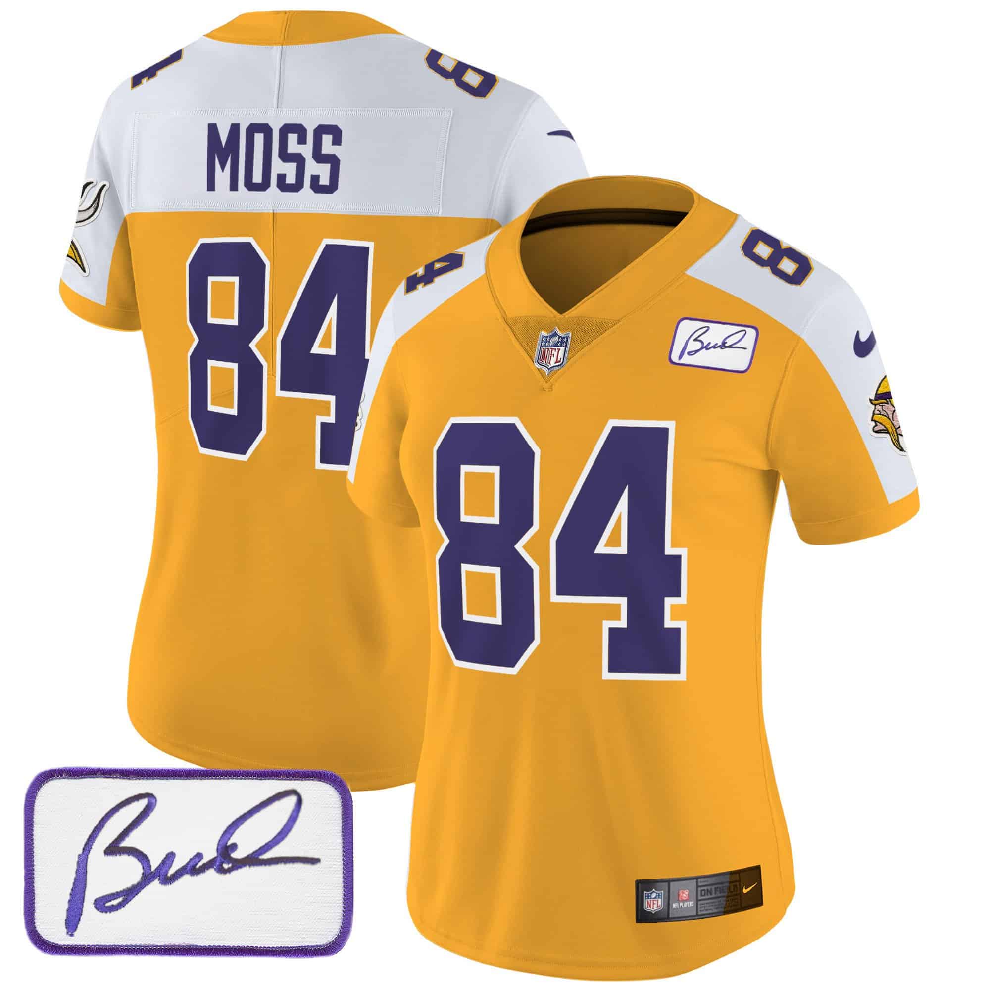 Women’s Vikings Bud Grant Patch Classic Limited Jersey V3 – All Stitched – Gold Alternate – Randy Moss