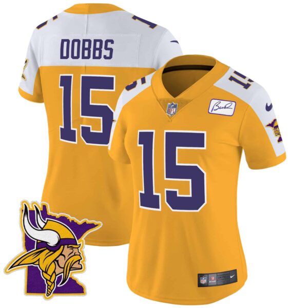 Women’s Vikings Bud Grant Patch Classic Limited Jersey V5 – All Stitched – Gold Alternate – Joshua Dobbs