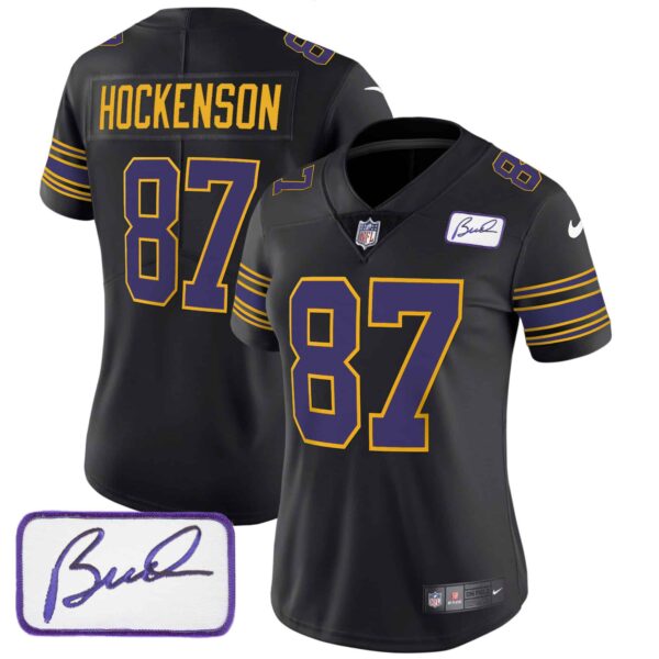 Women’s Vikings Bud Grant Patch Classic Limited Jersey – All Stitched – Black – T.J. Hockenson