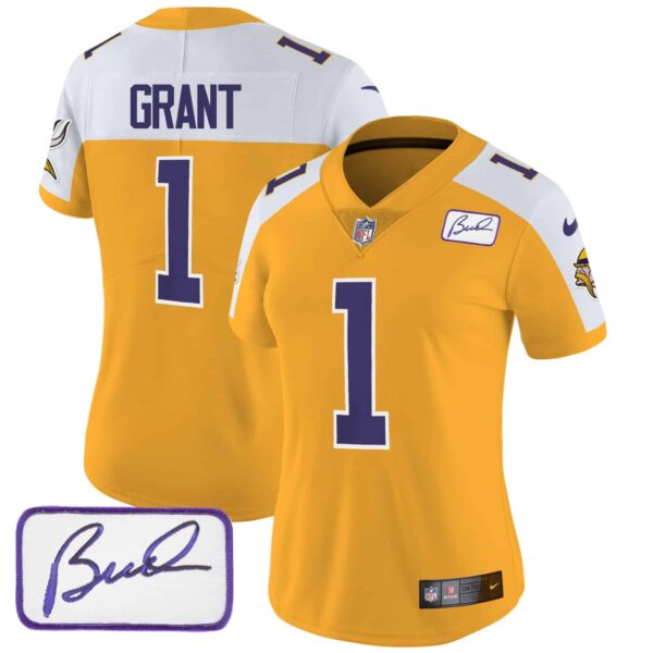 Women’s Vikings Bud Grant Patch Classic Limited Jersey V3 – All Stitched – Gold Alternate – Bud Grant