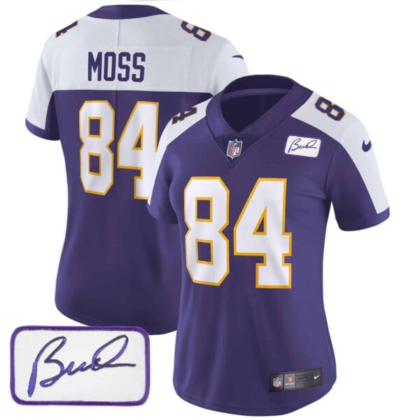 Women’s Vikings Bud Grant Patch Classic Limited Jersey – All Stitched – Alternate – Randy Moss