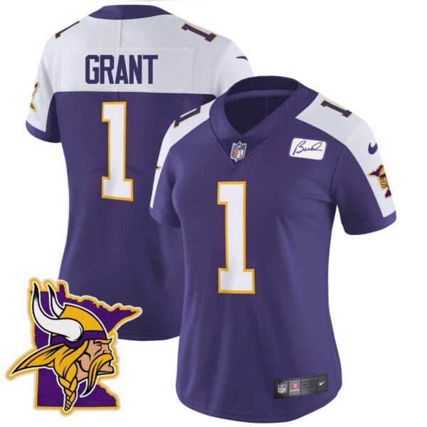 Women’s Vikings Bud Grant Patch Classic Limited Jersey V5 – All Stitched – Purple Alternate – Bud Grant