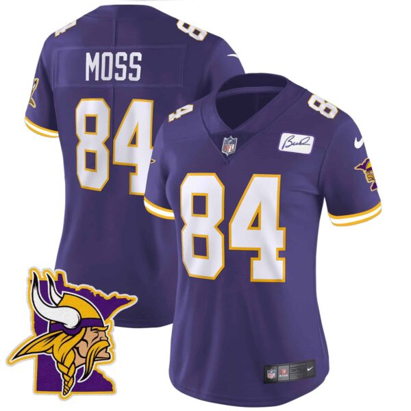 Women’s Vikings Bud Grant Patch Classic Limited Jersey V5 – All Stitched – Purple – Randy Moss